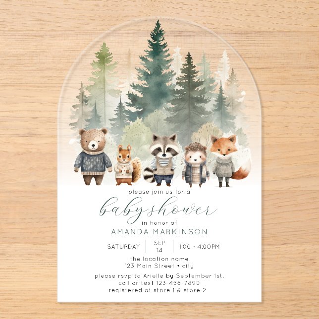 Invitations En Acrylique Budget Baby shower d'aquarelle des bois (Recto)
