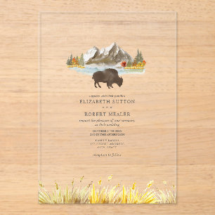 Invitations En Acrylique Buffalo Bison Watercolor Mountains Mariage d'autom