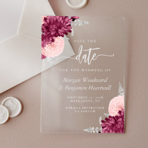 Invitations En Acrylique Burgundy Blush Argent Floral Mariage Save the Date