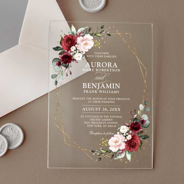 Invitations En Acrylique Burgundy Blush Floral moderne Mariage géométrique (Burgundy Blush Gold Geometric Rustic Boho Acrylic Wedding Invite)