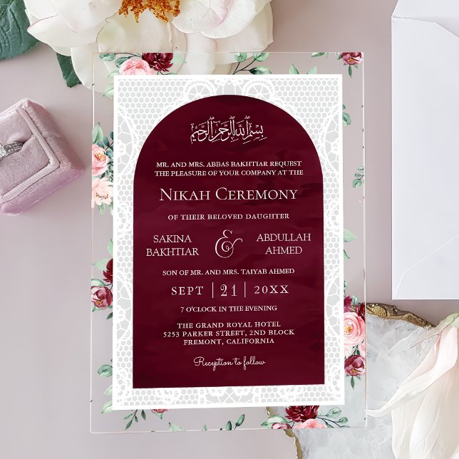 Invitations En Acrylique Burgundy Blush Floral White Lace Muslim Wedding (Créateur téléchargé)