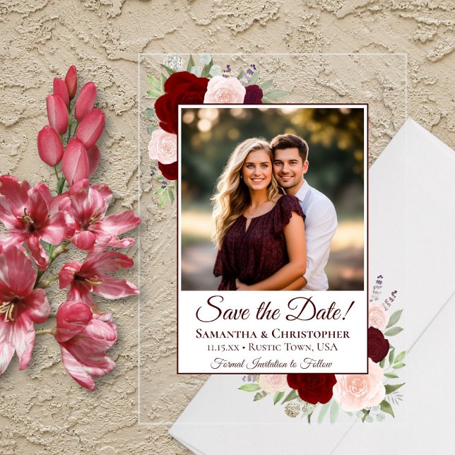 Invitations En Acrylique Burgundy Blush Roses mariage Enregistrer la date P (Clear Acrylic with Rectangle Cut)
