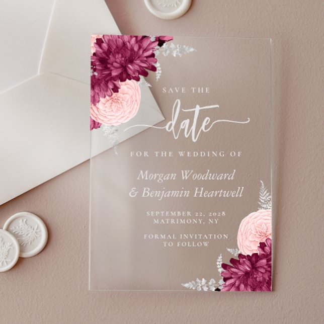 Invitations En Acrylique Burgundy Blush Silver Floral Wedding Save the Date (Créateur téléchargé)