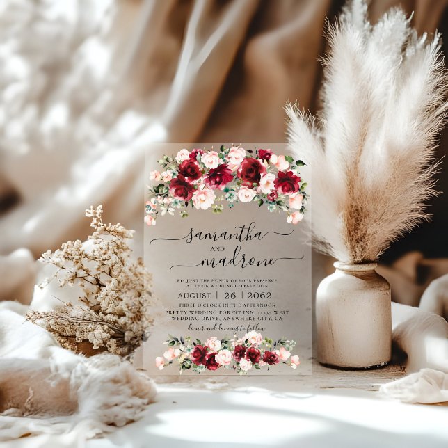 Invitations En Acrylique Burgundy Blush Watercolor Roses Wedding  (Créateur téléchargé)