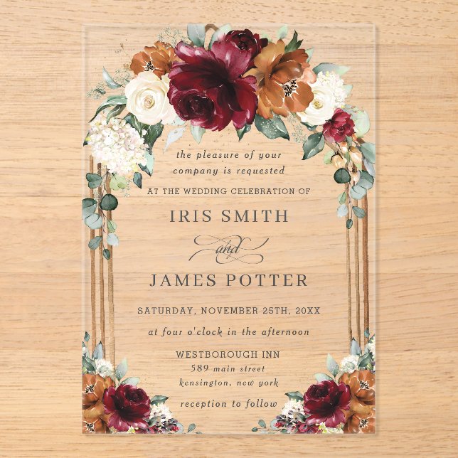 Invitations En Acrylique Burgundy Burnt Orange Ivory Floral Arch Wedding (Recto)