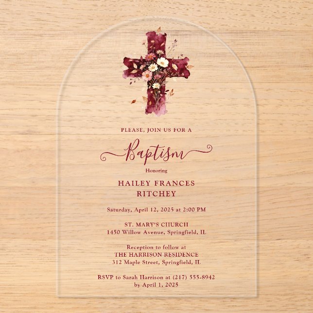Invitations En Acrylique Burgundy Elegant Glitter Floral Cross Baptism (Recto)