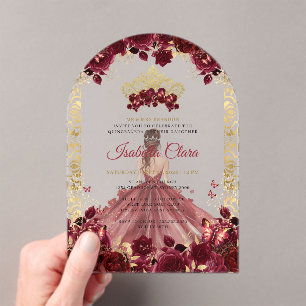 Invitations En Acrylique Burgundy Floral Couronne Princesse Quinceanera Or