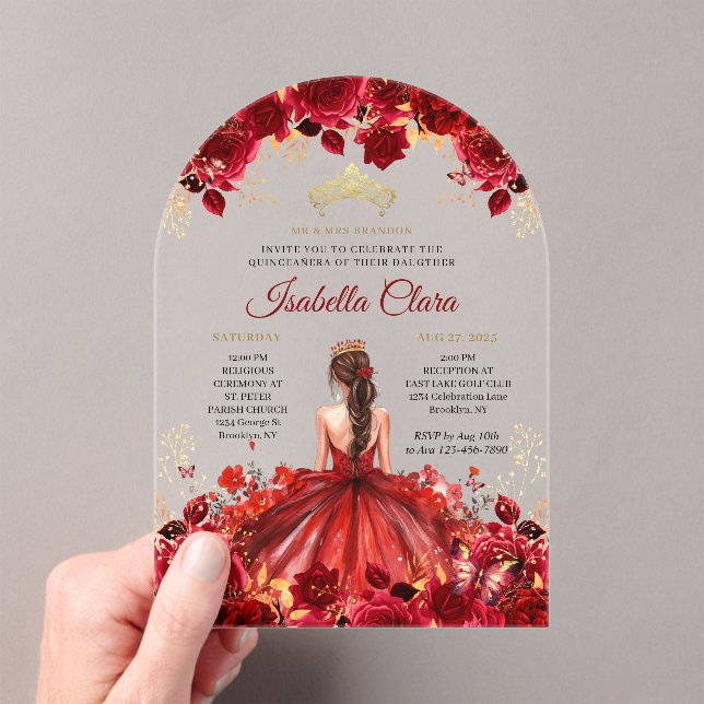 Invitations En Acrylique Burgundy Floral Princess Gold Quinceanera (In situ (ordinateur de poche))