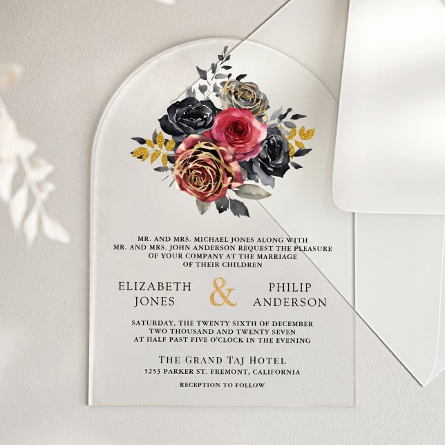 Invitations En Acrylique Burgundy Floral Roses Black Wedding (Créateur téléchargé)