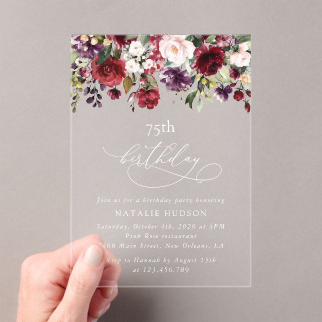 Invitations En Acrylique Burgundy Flowers, Pink Flowers, Boho, Birthday (In situ (ordinateur de poche))