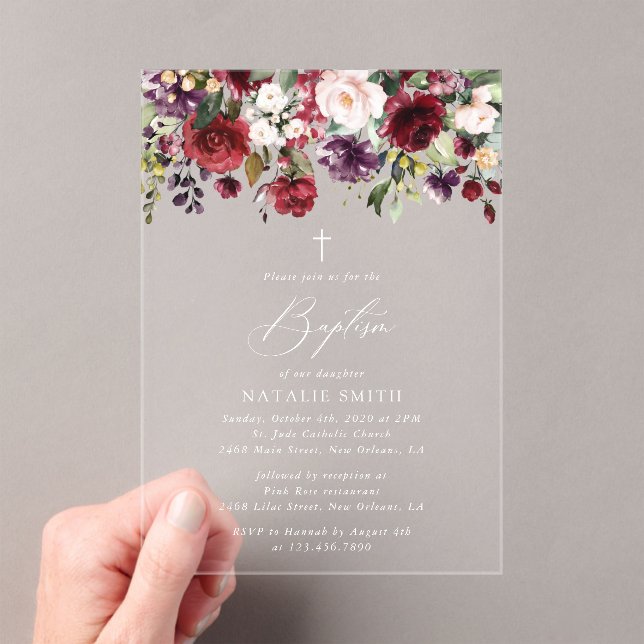 Invitations En Acrylique Burgundy Flowers, Pink Flowers, Floral Baptism (In situ (ordinateur de poche))
