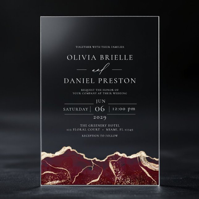 Invitations En Acrylique Burgundy Gold Agate Élégant Mariage moderne (Créateur téléchargé)