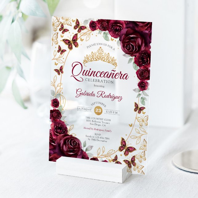 Invitations En Acrylique Burgundy Gold Floral Quinceanera (Créateur téléchargé)