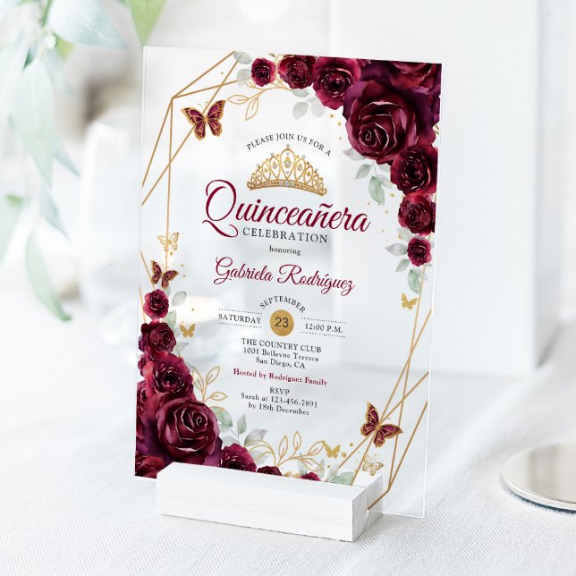 Invitations En Acrylique Burgundy Gold Floral Quinceanera (Créateur téléchargé)
