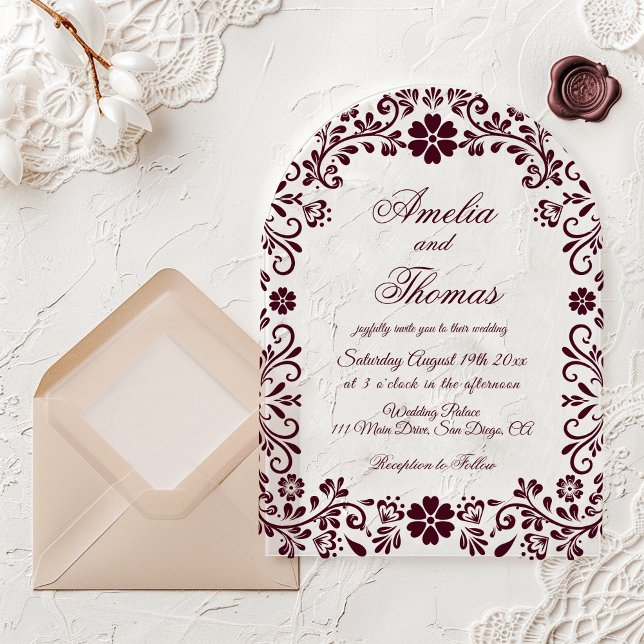 Invitations En Acrylique Burgundy Mexican Timeless Wedding  (Créateur téléchargé)
