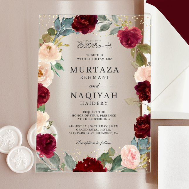 Invitations En Acrylique Burgundy Peach Floral Muslim Wedding (Créateur téléchargé)