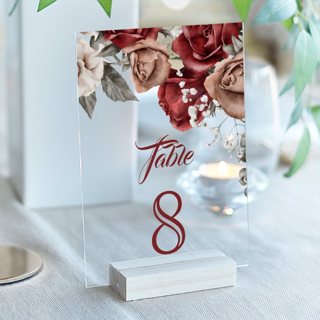 Invitations En Acrylique Burgundy Red Roses Wedding Acrylic Table Number (Créateur téléchargé)