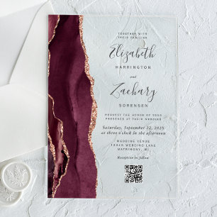 Invitations En Acrylique Burgundy Rose Gold Agate QR Code Mariage