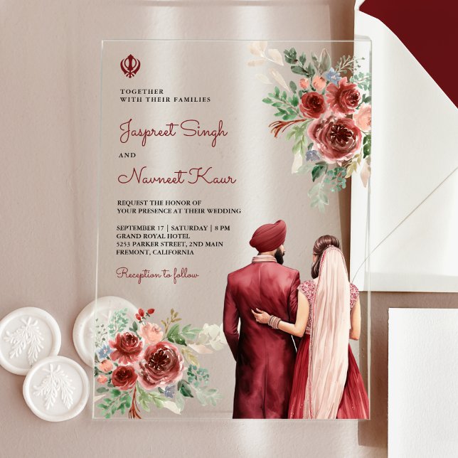 Invitations En Acrylique Burgundy Roses Floral Indian Punjabi Sikh Wedding (Créateur téléchargé)