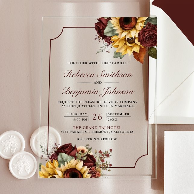 Invitations En Acrylique Burgundy Roses Sunflowers Wedding (Créateur téléchargé)