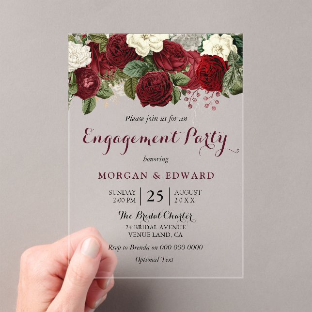 Invitations En Acrylique Burgundy Rouge Blanc Floral (In situ (ordinateur de poche))