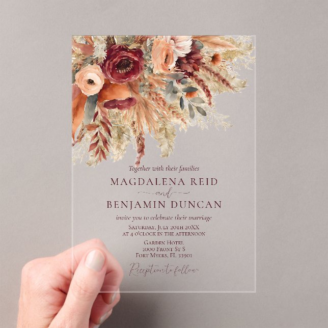 Invitations En Acrylique Burgundy Terracotta Florals Pampas Grass Wedding (In situ (ordinateur de poche))