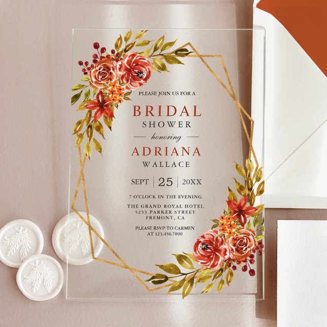 Invitations En Acrylique Burnt Orange Floral Gold Frame Fall Bridal Shower (Créateur téléchargé)