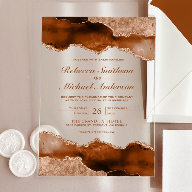 Invitations En Acrylique Burnt Orange Terracotta Agate Marble Wedding (Créateur téléchargé)