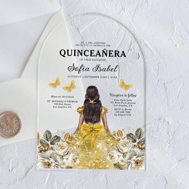 Invitations En Acrylique Butterfly Floral Gold Princess Quinceanera (Créateur téléchargé)