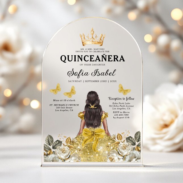 Invitations En Acrylique Butterfly Floral Gold Princess Quinceanera (Créateur téléchargé)