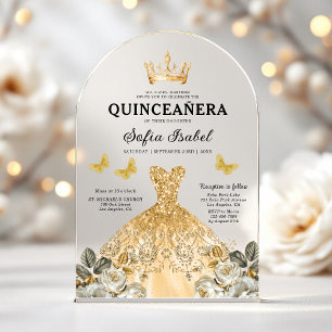 Invitations En Acrylique Butterfly Floral Gold Princess Quinceanera