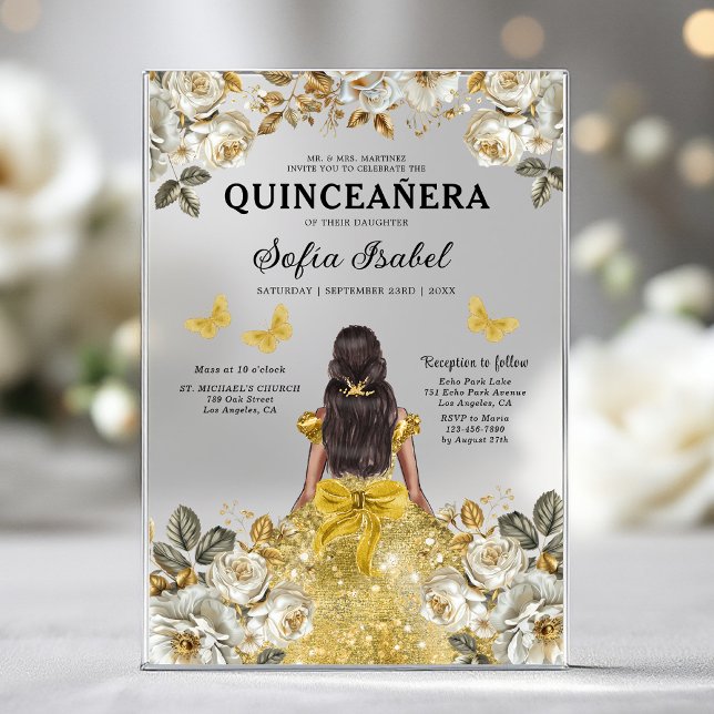 Invitations En Acrylique Butterfly Floral Gold Princess Quinceanera (Créateur téléchargé)