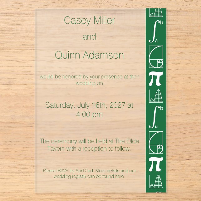 Invitations En Acrylique Ça S'Additionne en Vert Acrylique de Mariage  (Recto)