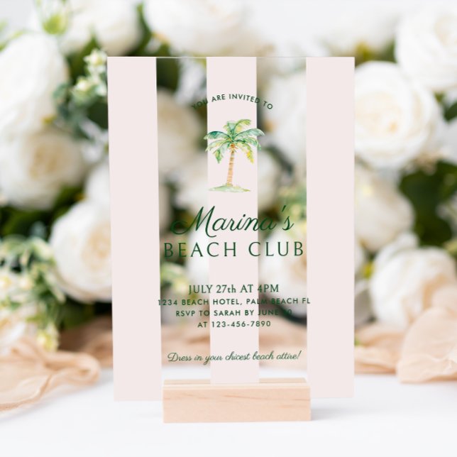Invitations En Acrylique Cabana Rose Bleu Baies Palm Beach Club Anniversair (Créateur téléchargé)