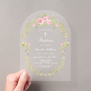 Invitations En Acrylique Cadre Baptême Roses Roses Foncees