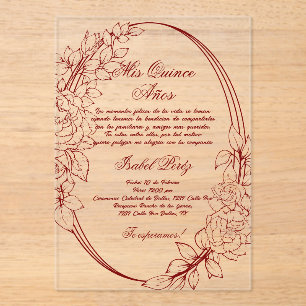 Invitations En Acrylique Cadre bordeaux Quinceanera espagnole