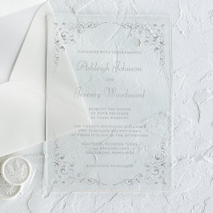 Invitations En Acrylique Cadre botanique élégant vintage à l'écriture argen