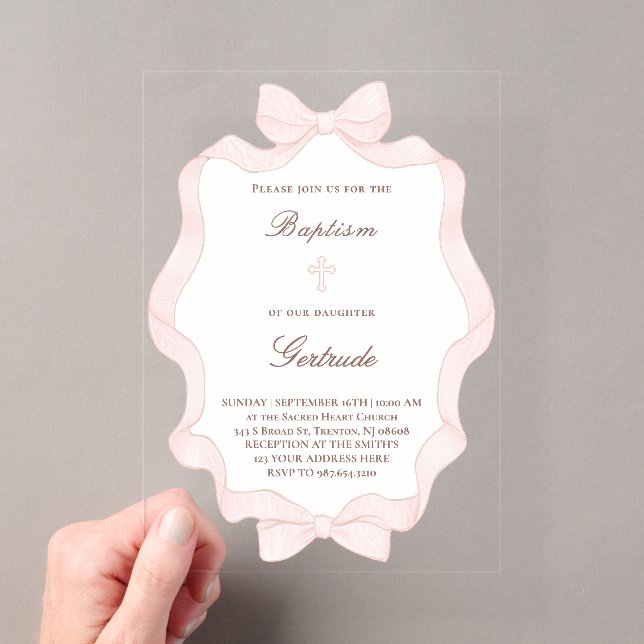 Invitations En Acrylique cadre de baptême à ruban rose (In situ (ordinateur de poche))