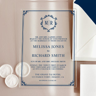 Invitations En Acrylique Cadre de blason de monogramme minimal bleu marine