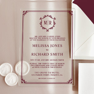 Invitations En Acrylique Cadre de blason de monogramme minimal bordeaux de