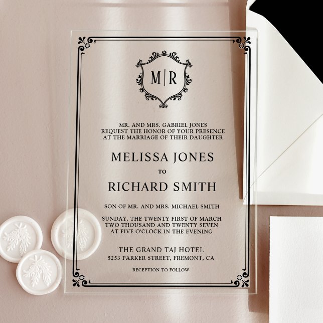 Invitations En Acrylique Cadre de blason de monogramme minimal noir de mari (Créateur téléchargé)