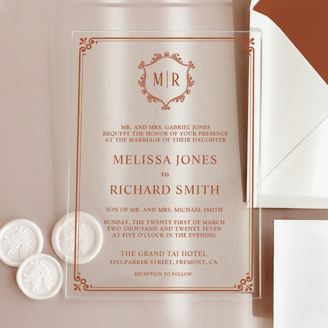 Invitations En Acrylique Cadre de blason de monogramme minimal terracotta d (Créateur téléchargé)