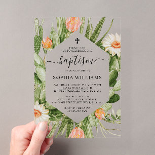 Invitations En Acrylique Cadre de fleurs de cactus Baptême