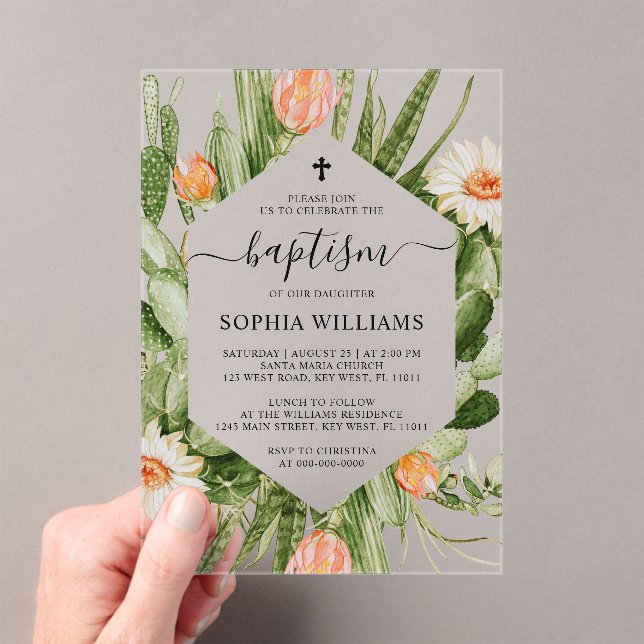 Invitations En Acrylique Cadre de fleurs de cactus Baptême  (In situ (ordinateur de poche))