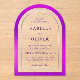 Invitations En Acrylique Cadre de mariage à dégradé argent violet