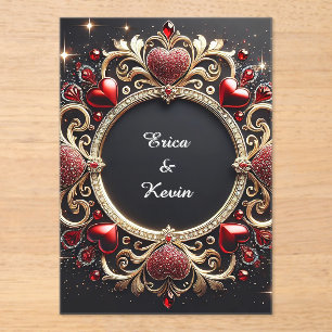 Invitations En Acrylique Cadre de mariage doré luxueux avec des cœurs rouge