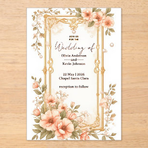 Invitations En Acrylique Cadre de mariage élégant en or avec des fleurs ros