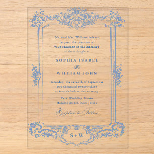Invitations En Acrylique Cadre de mariage floral orné victorien bleu