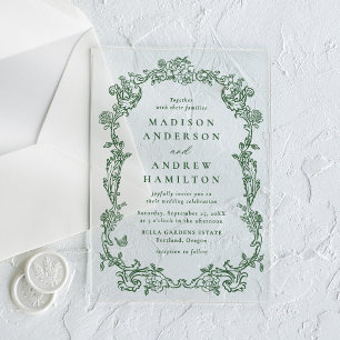 Invitations En Acrylique Cadre de mariage floral victorien vert élégant
