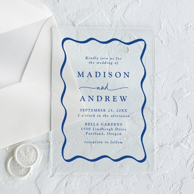 Invitations En Acrylique Cadre de mariage ondulé bleu moderne (Créateur téléchargé)